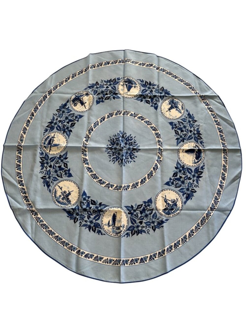 VTG Dutch Blue Tablecloth Round 60" And Set Of 4 Napkins Pastoral Cottage 60"